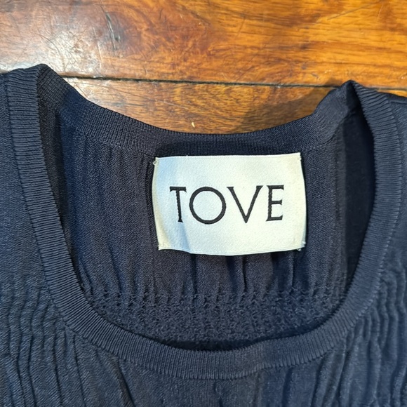 TOVE Women's Giselle Midi‎ Dress Navy Blue Rib Knit Crew Neck Ruching Shi… - Picture 3 of 16
